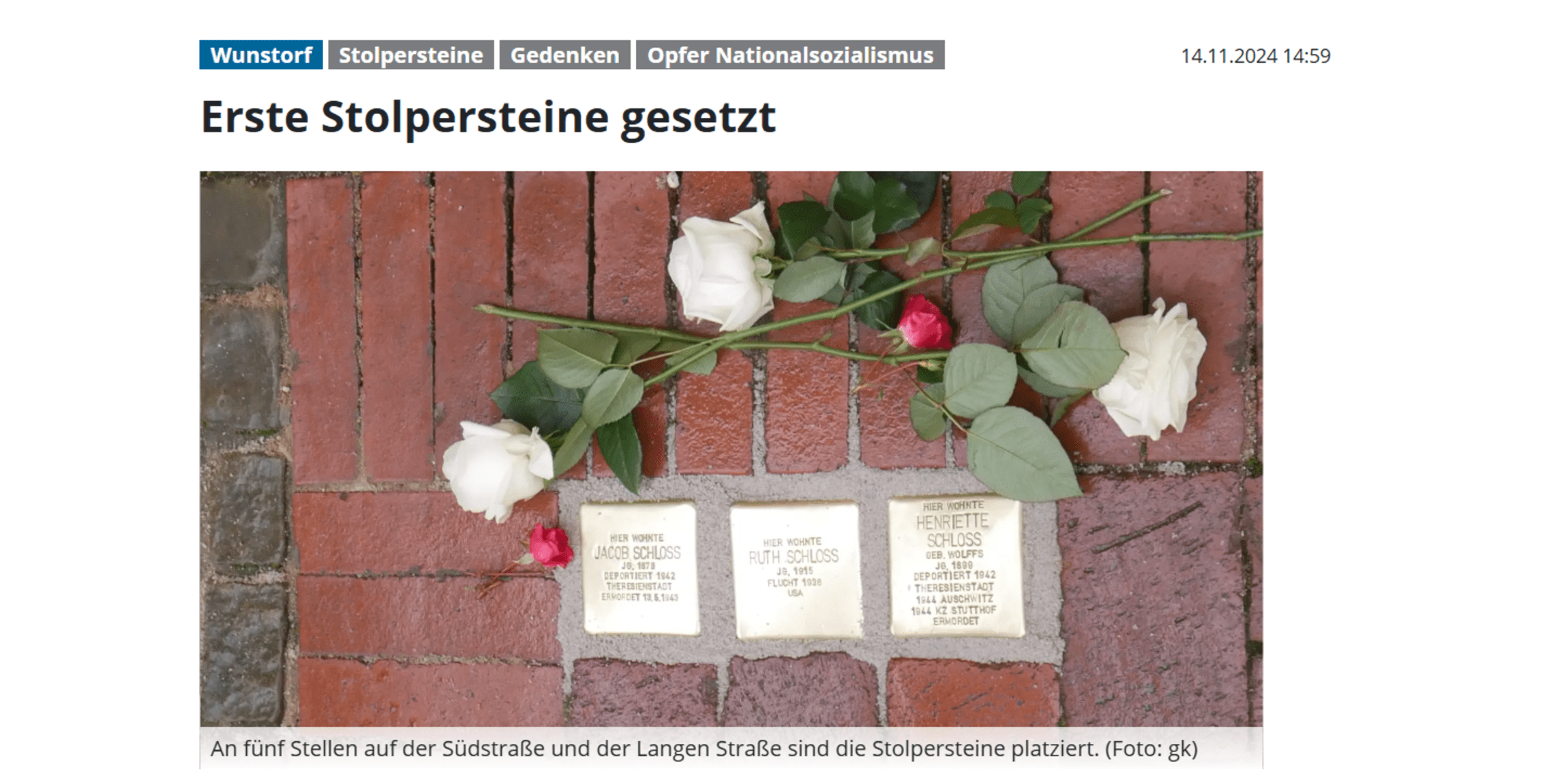 Screenshot Wunstorfer Stadtanzeiger: Erste Stolpersteine gesetzt