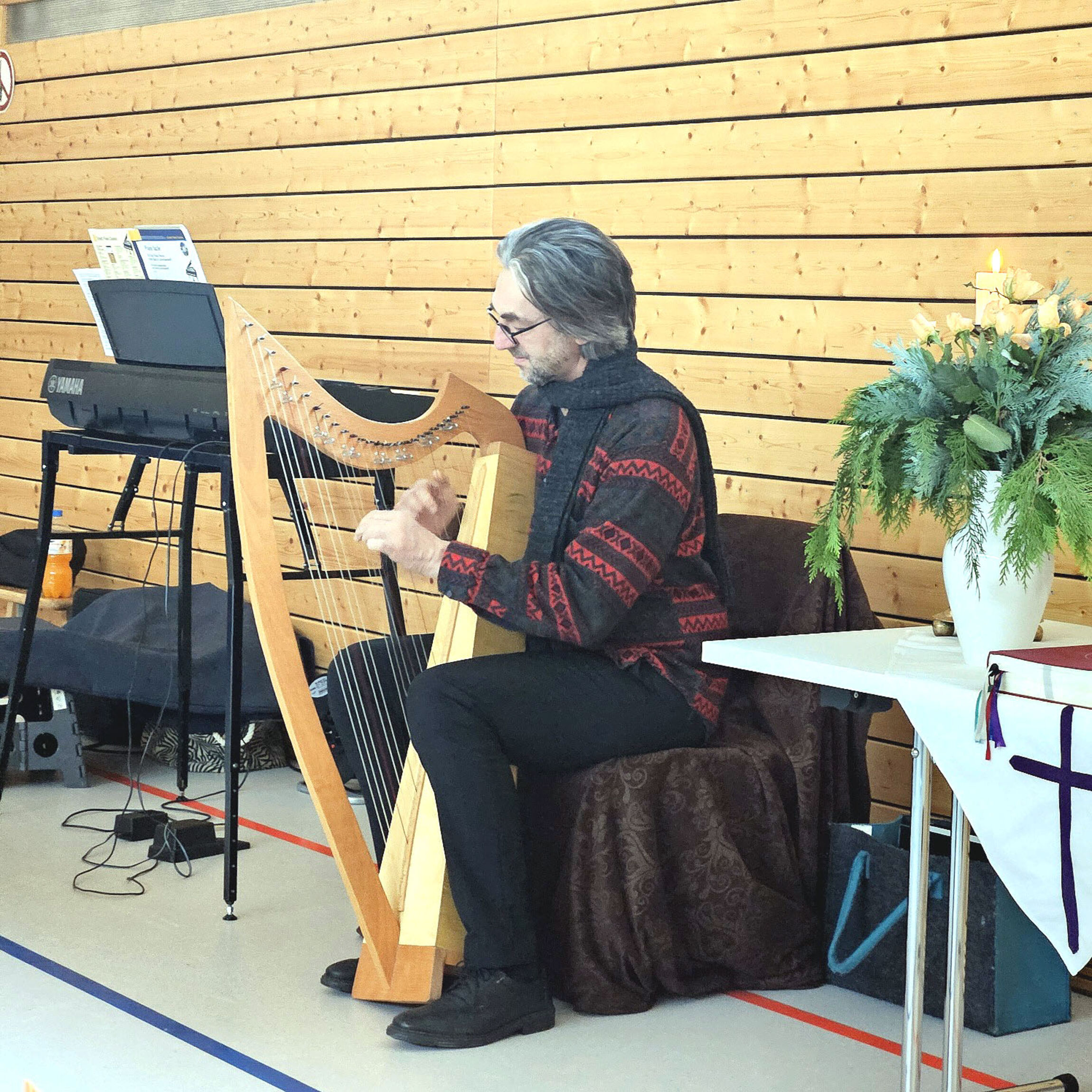 Holger Schäfer an seiner Harfe (Foto: L. Heinke)