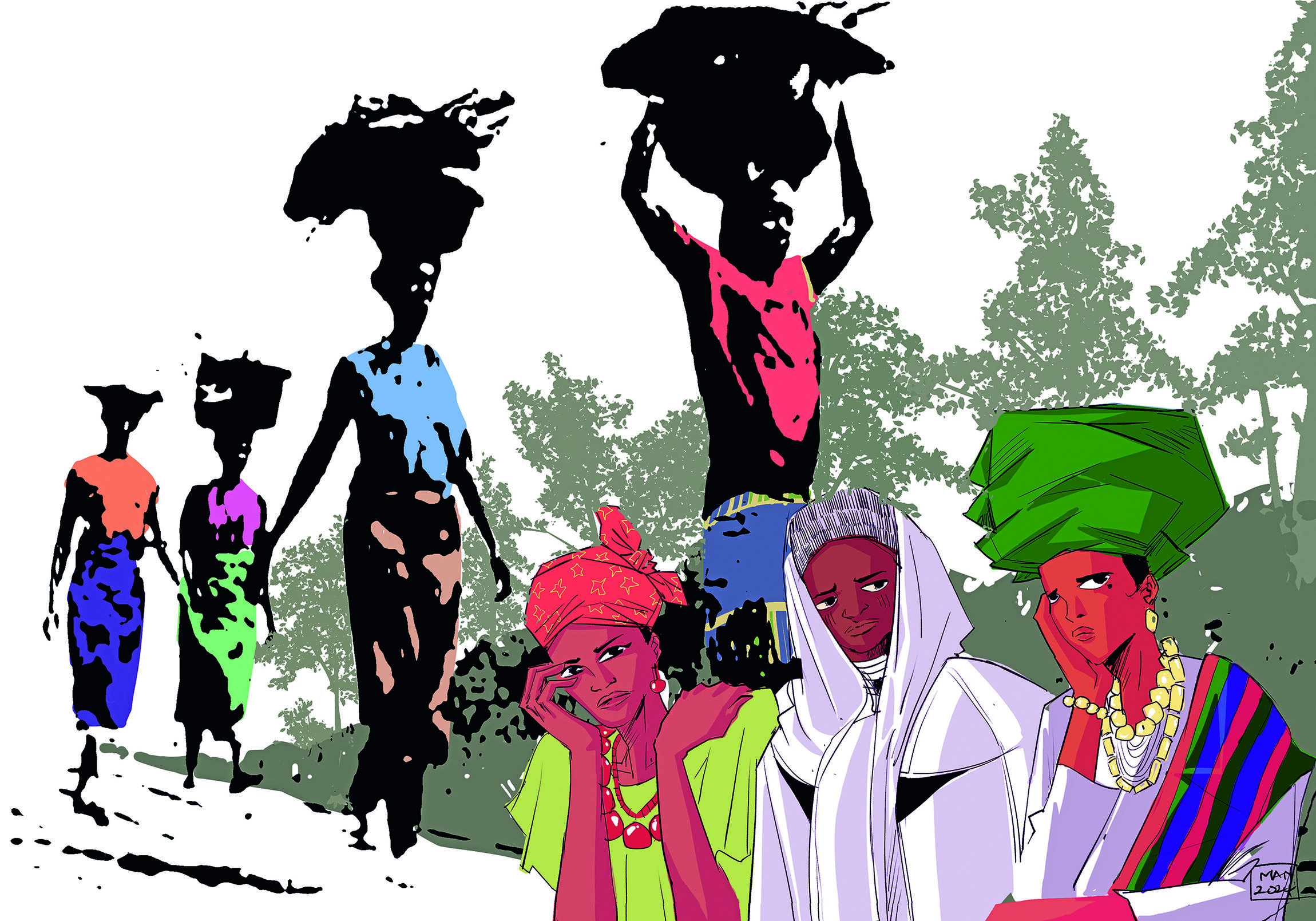Titelbild Weltgebetstag 26, gezeichnet und farbig angemalt. Mehrere Frauen aus Nigeria die unterschiedliche Lasten tragen 