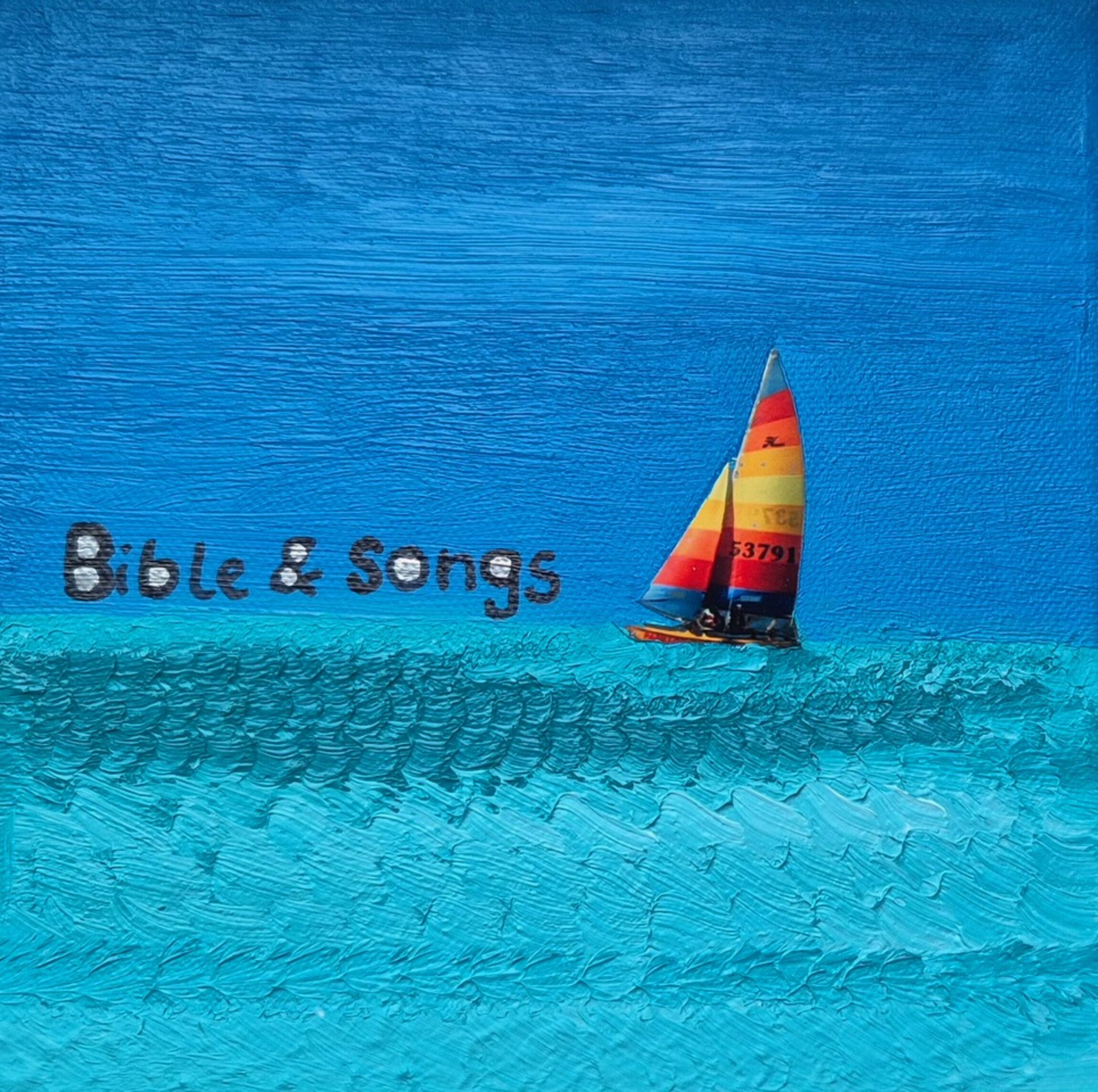 Gemälde: Segelboot auf dem Wasser mit Schriftzug Bible & Songs