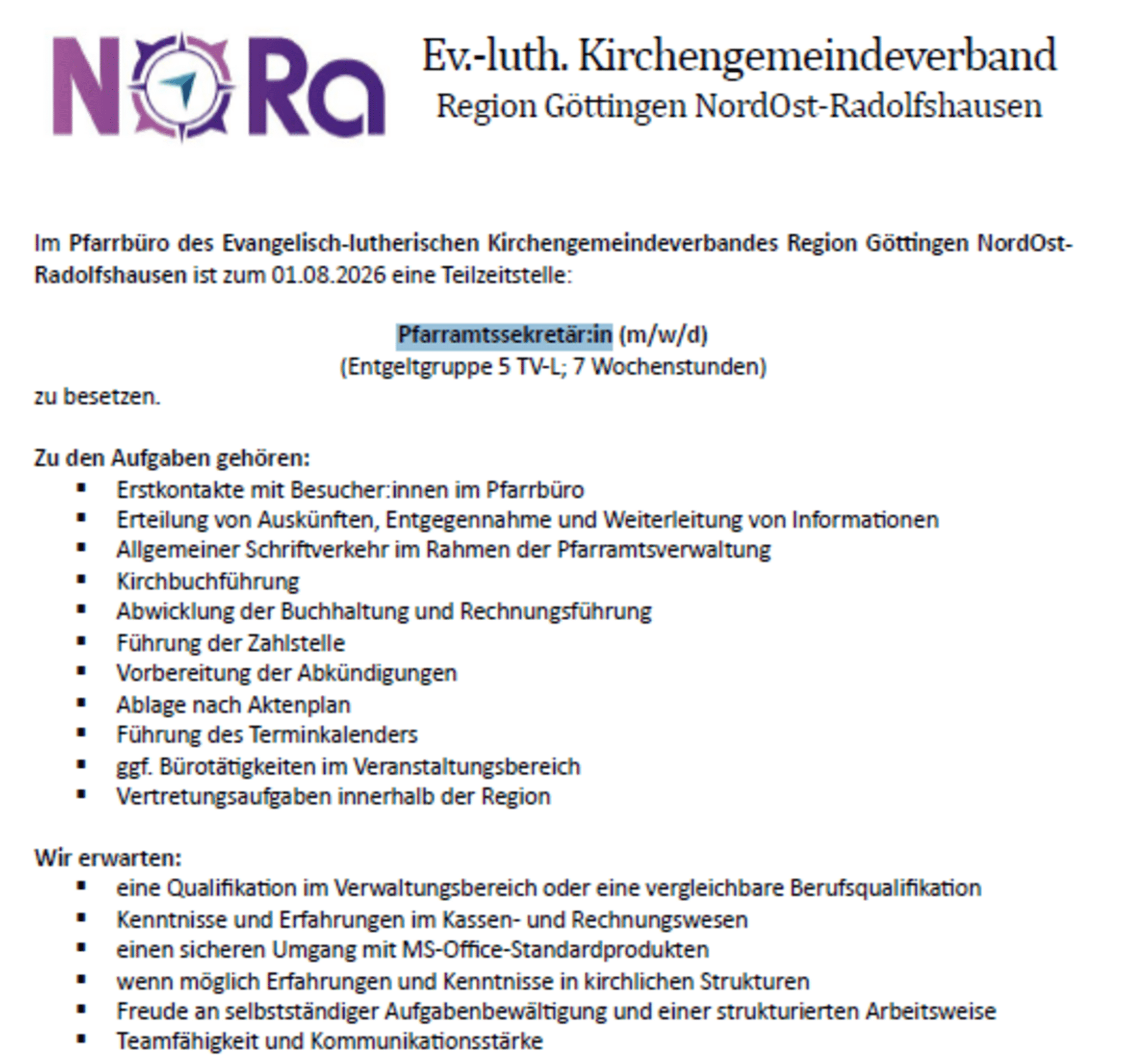 Stellenausschreibung Pfarramtssekretär:in