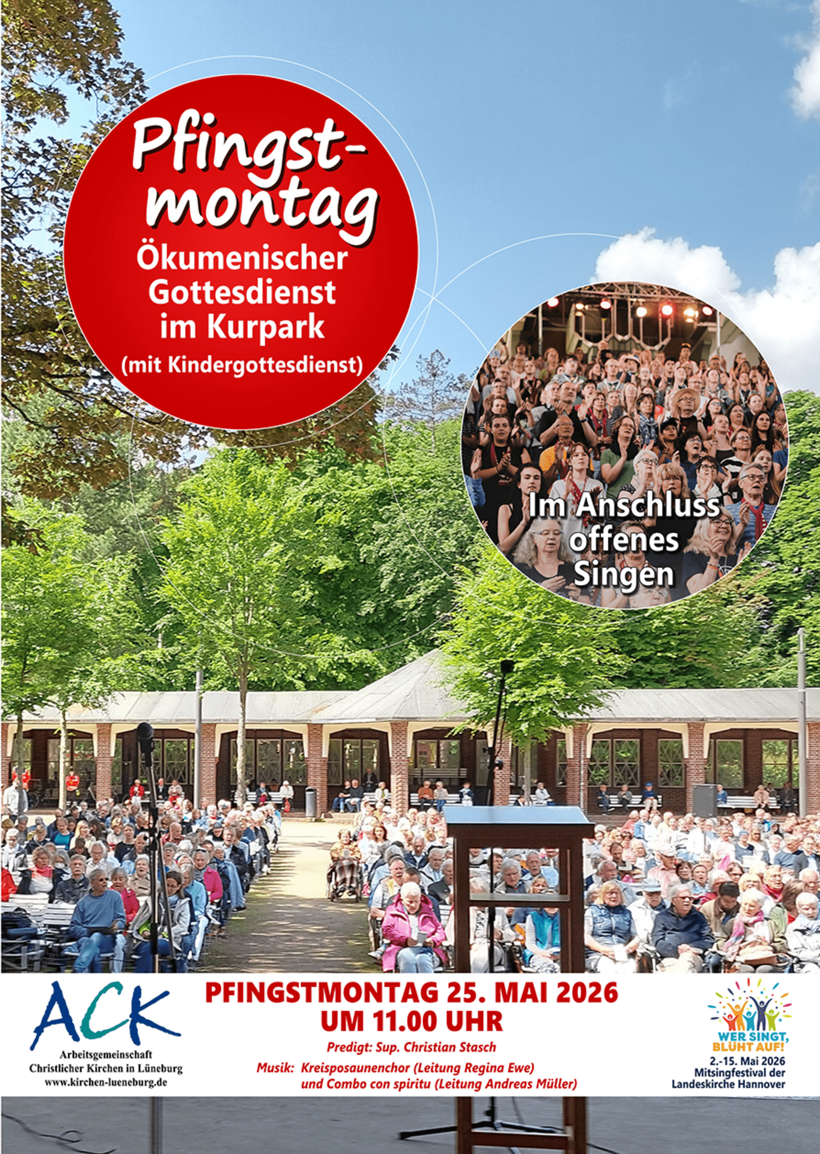 Auf dem Veranstaltungsplakat sind viele Menschen auf Stühlen sitzend bei der Konzertmuschel im Kurpark zu sehen