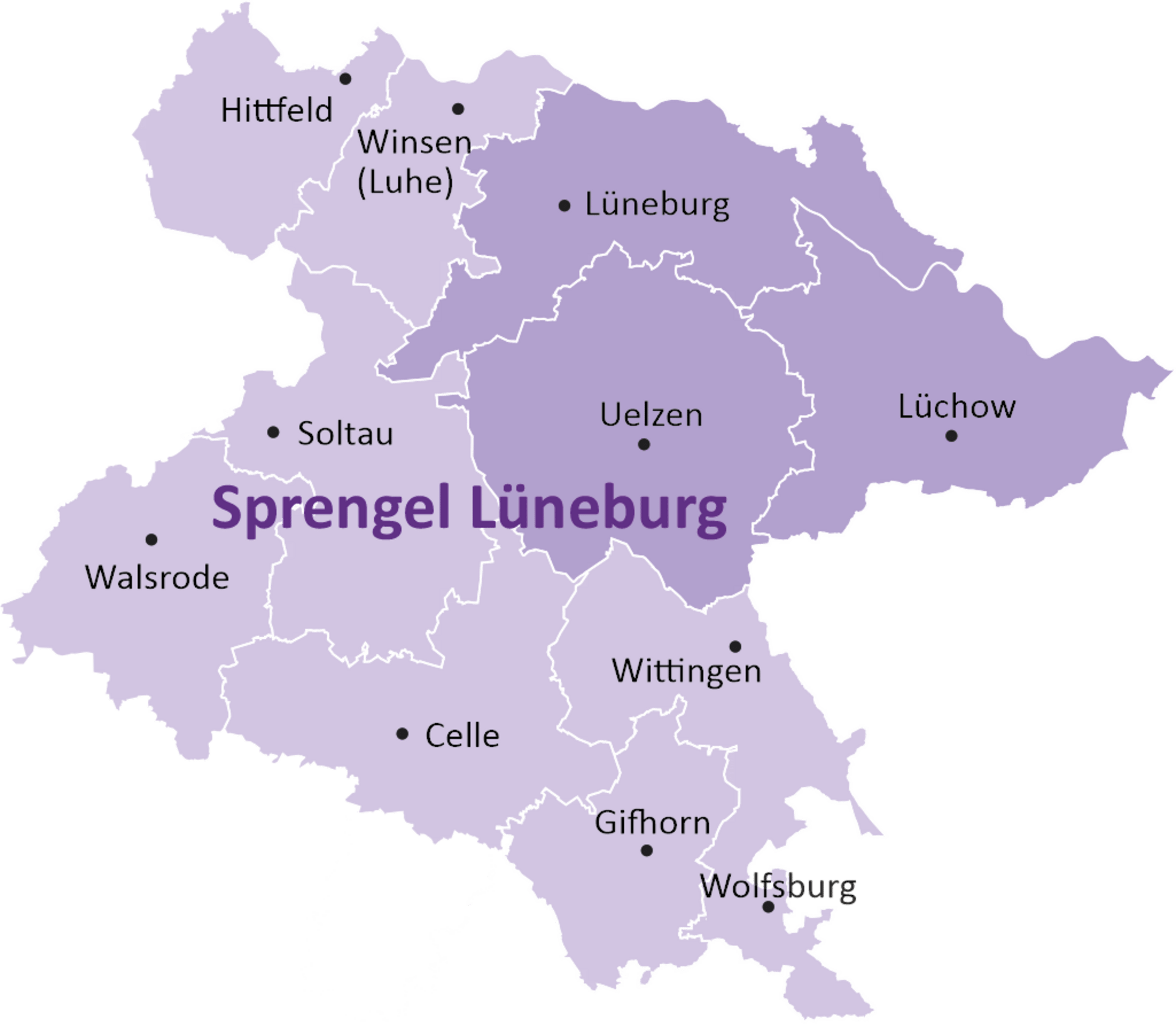 Karte mit den Kirchenkreisen Lüneburg, Lüchow-Dannenberg und Uelzen innerhalb des Sprengels Lüneburg (Grundlage: Redaktionsservice der LK Hannovers)