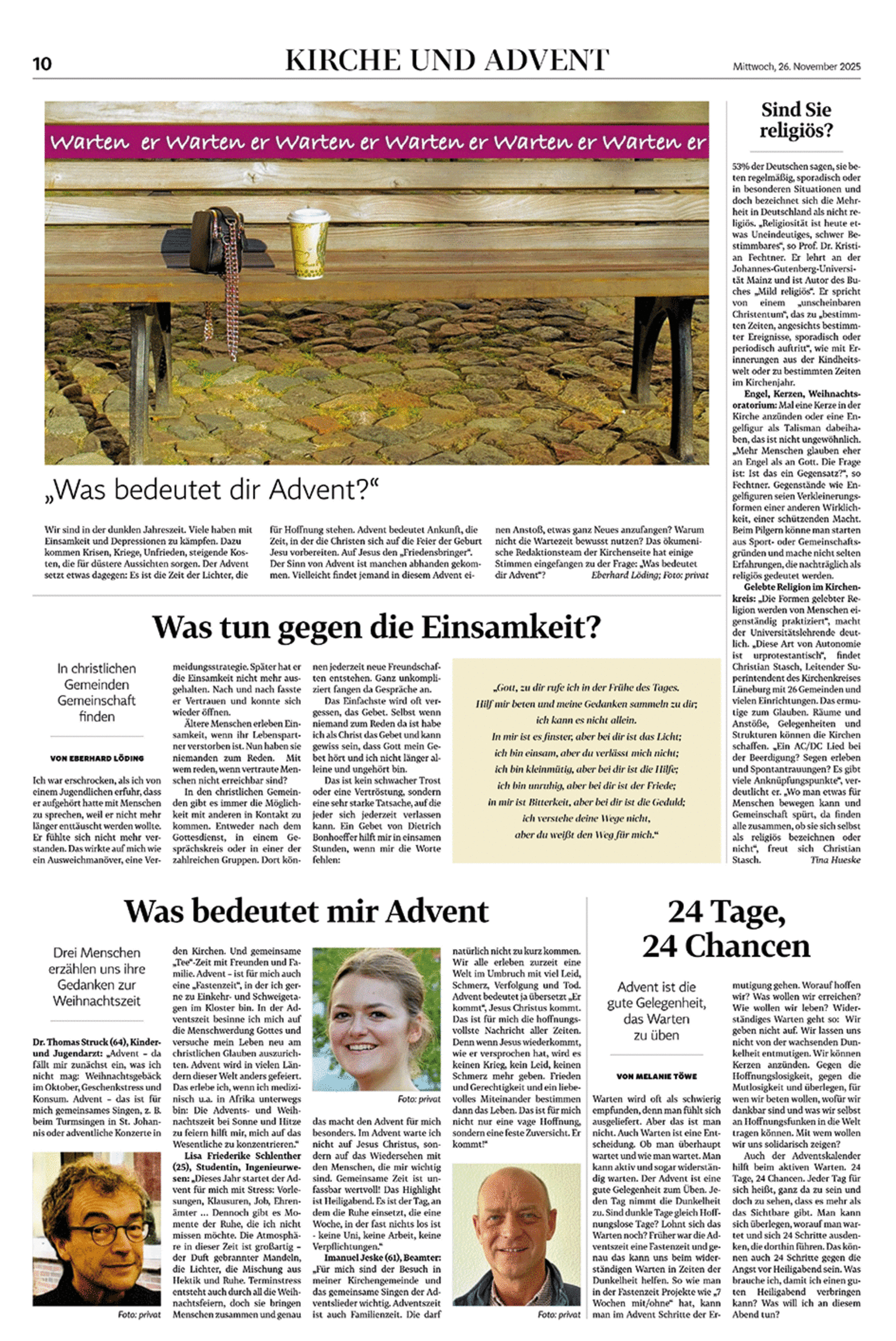 Eine Seite der Landeszeitung mit Artikeln aus der Lüneburger Ökumene zum Thema Advent