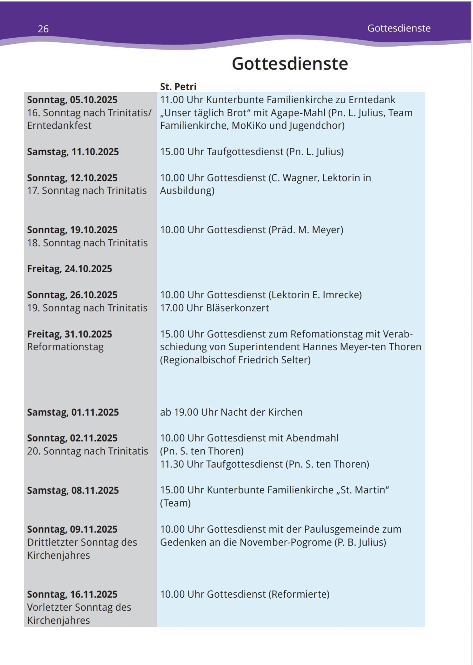 Gottesdienste St. Petri