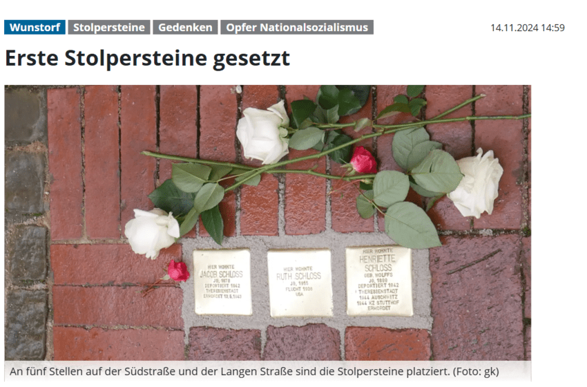 Screenshot Wunstorfer Stadtanzeiger: Erste Stolpersteine gesetzt