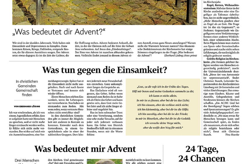 Eine Seite der Landeszeitung mit Artikeln aus der Lüneburger Ökumene zum Thema Advent